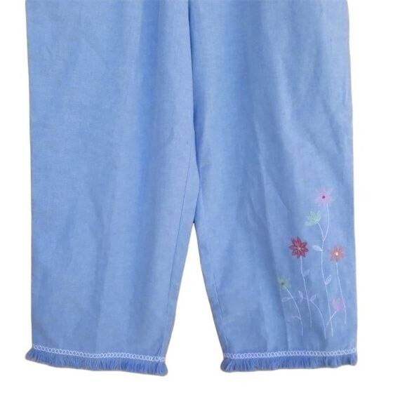 80's Boho Lightweight Floral Embroidered Fringe High-rise Crop Pants Sz L - Picture 4 of 8